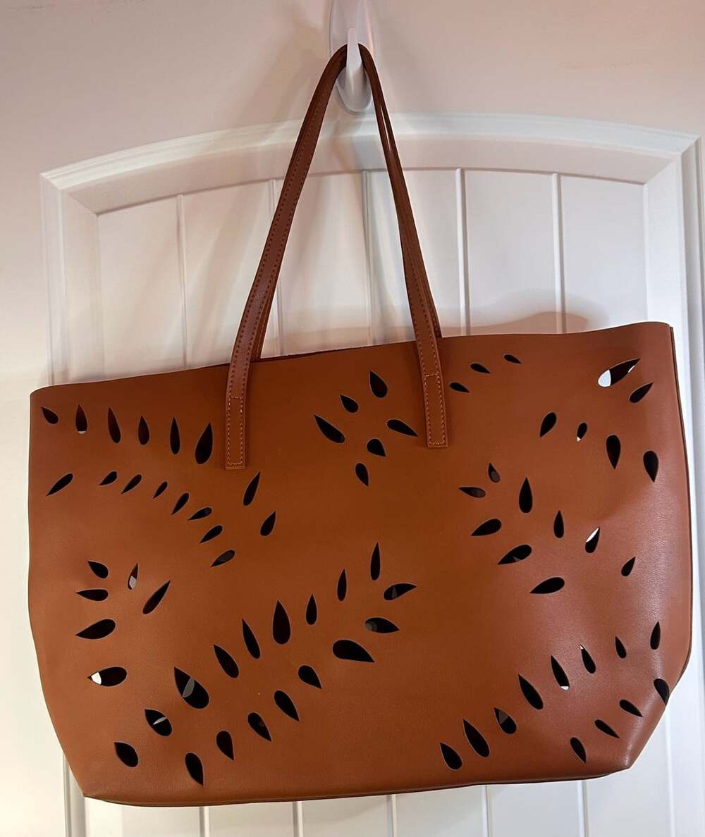 Tan Vegan Leather Laser-Cut Leaf Tote Bag